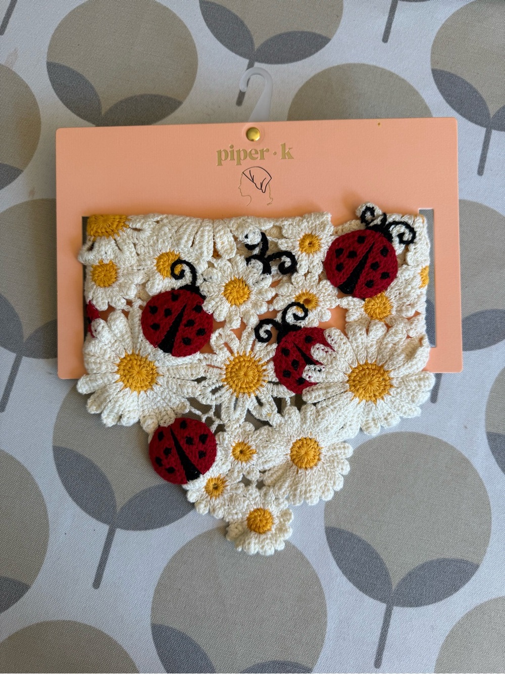Piper Crochet Daisy Bandana with Red Ladybug Accents